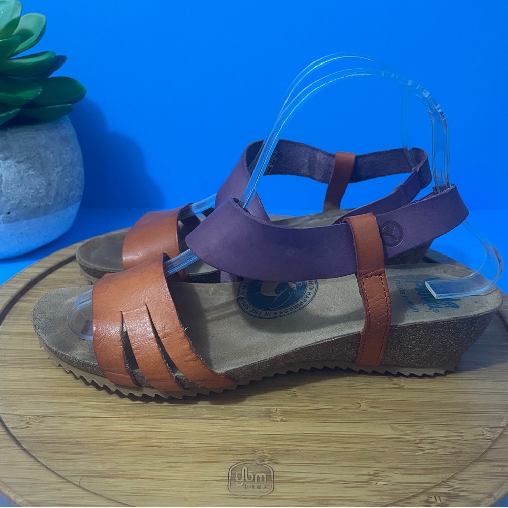Wanda Panda Harmony Brown Leather Sandals Cork Wedge Heel Slingback Shoes Size 9